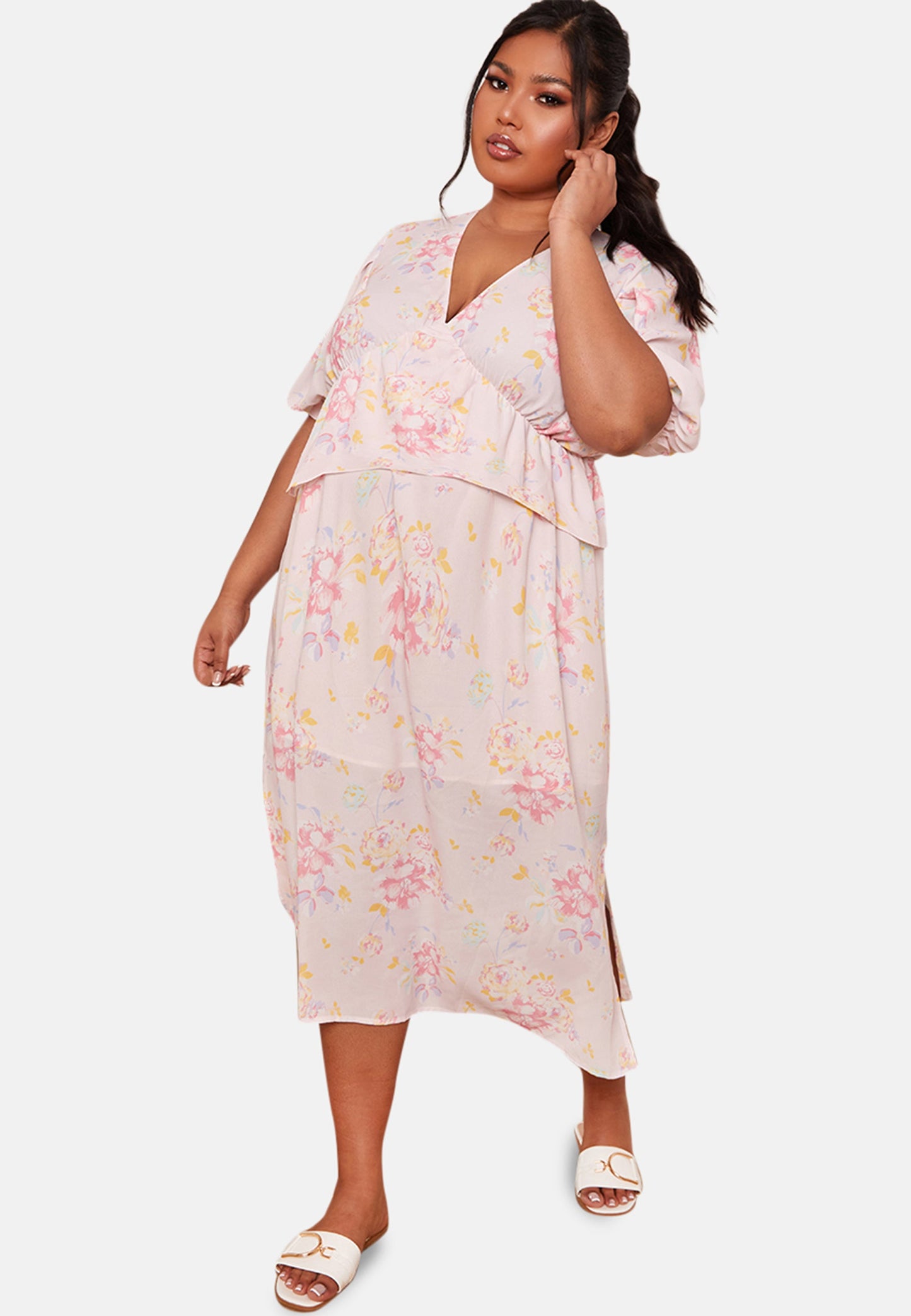 Plus Size Short Sleeve Floral Printed Midi Dress in Pink
