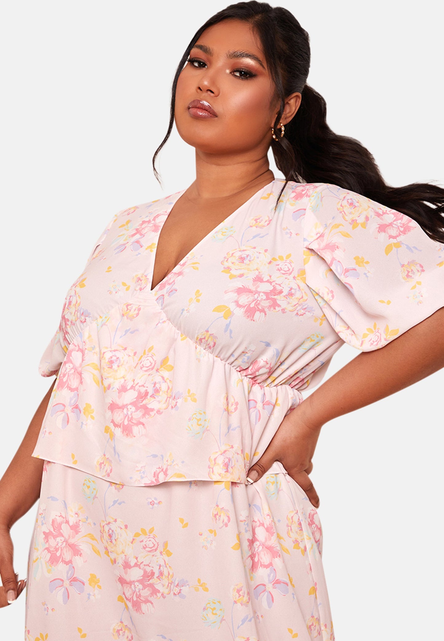 Plus Size Short Sleeve Floral Printed Midi Dress in Pink