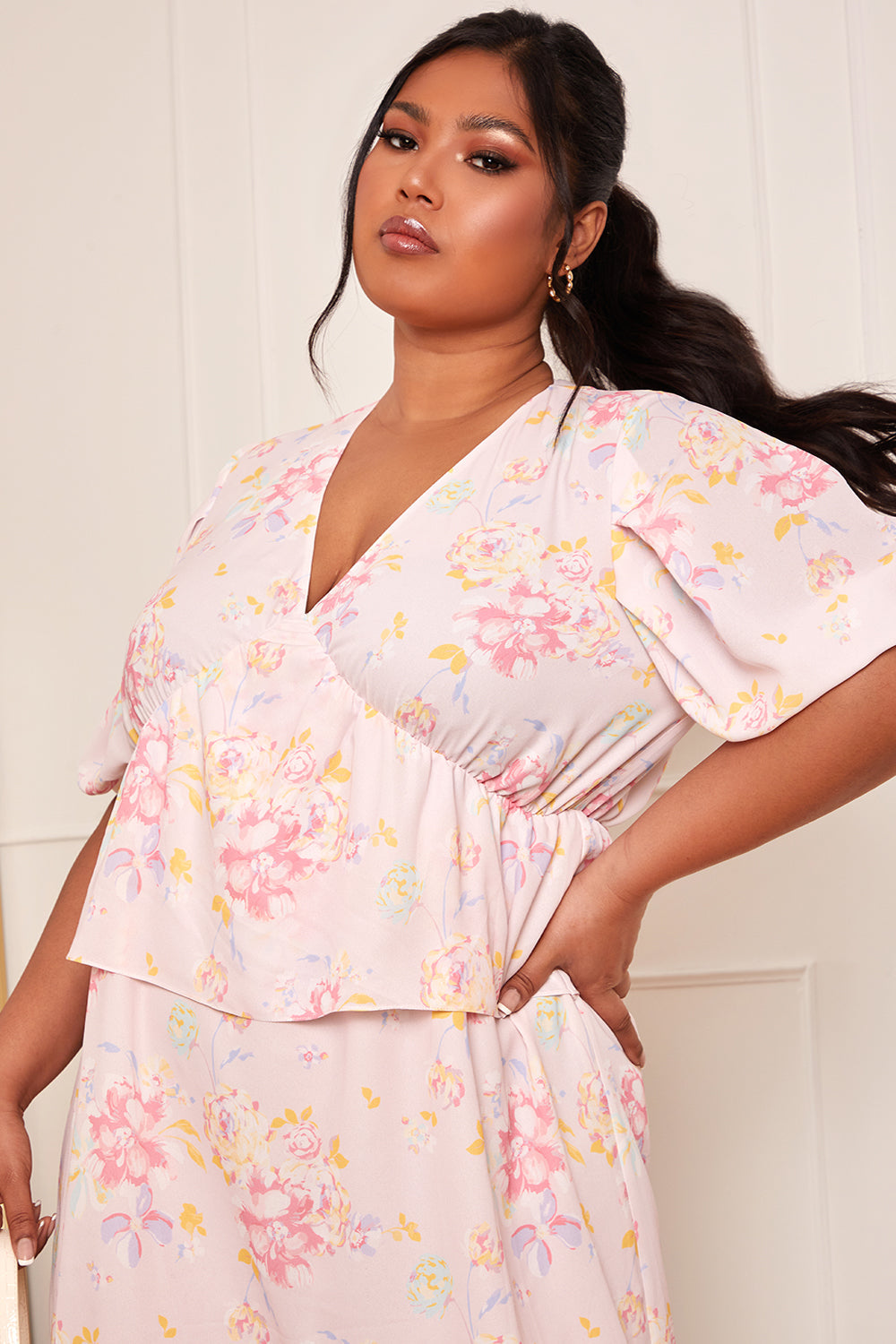 Plus Size Short Sleeve Floral Printed Midi Dress in Pink