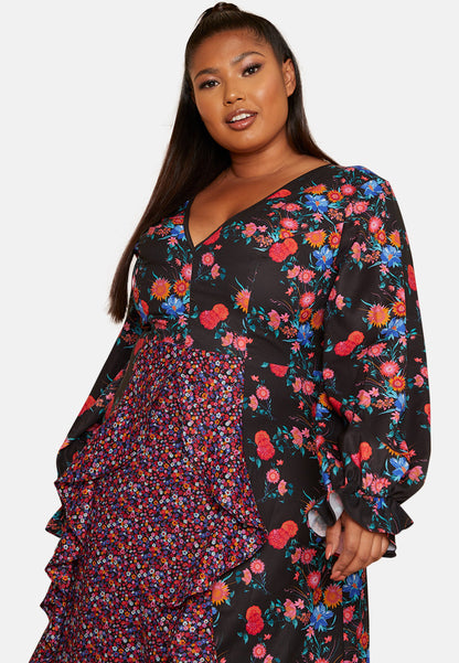 Plus Size Long Sleeve Plunge Floral Printed Midi Dress in Black