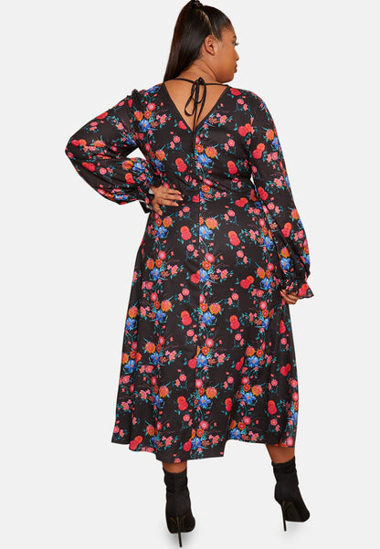 Plus Size Long Sleeve Plunge Floral Printed Midi Dress in Black