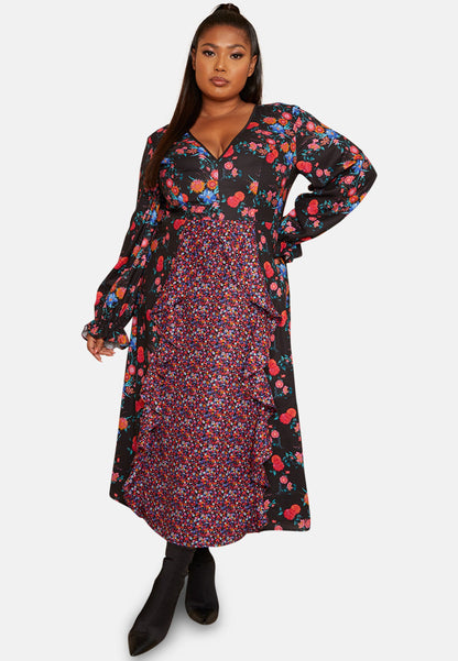 Plus Size Long Sleeve Plunge Floral Printed Midi Dress in Black