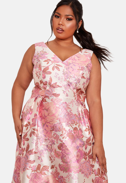 Plus Size Sleeveless Floral Print Midi Dress in Pink