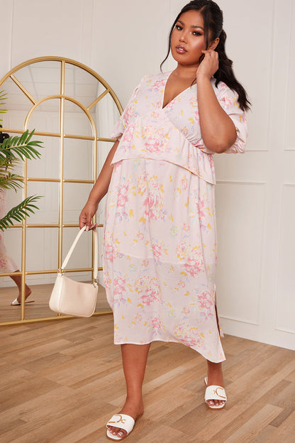 Plus Size Short Sleeve Floral Printed Midi Dress in Pink