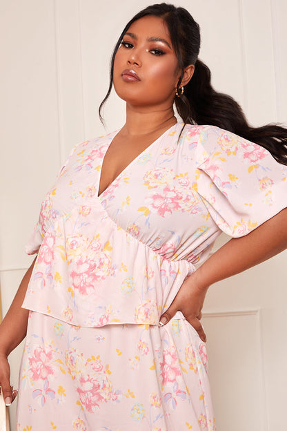 Plus Size Short Sleeve Floral Printed Midi Dress in Pink
